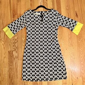 Sara Campbell Black & White Mod Geometric Shift Dress with Neon Cuffs, XS